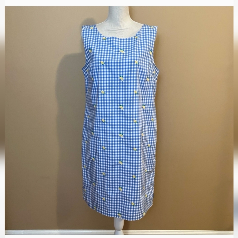 Kim Rogers Blue Gingham Lemon Embroidered Sleeveless Dress sz M - Picture 7 of 8